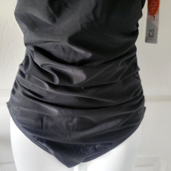 Charmo  Black Sexy Mesh Accent  Ruched Halter One-Piece Swimsuit - S - Picture 7 of 10